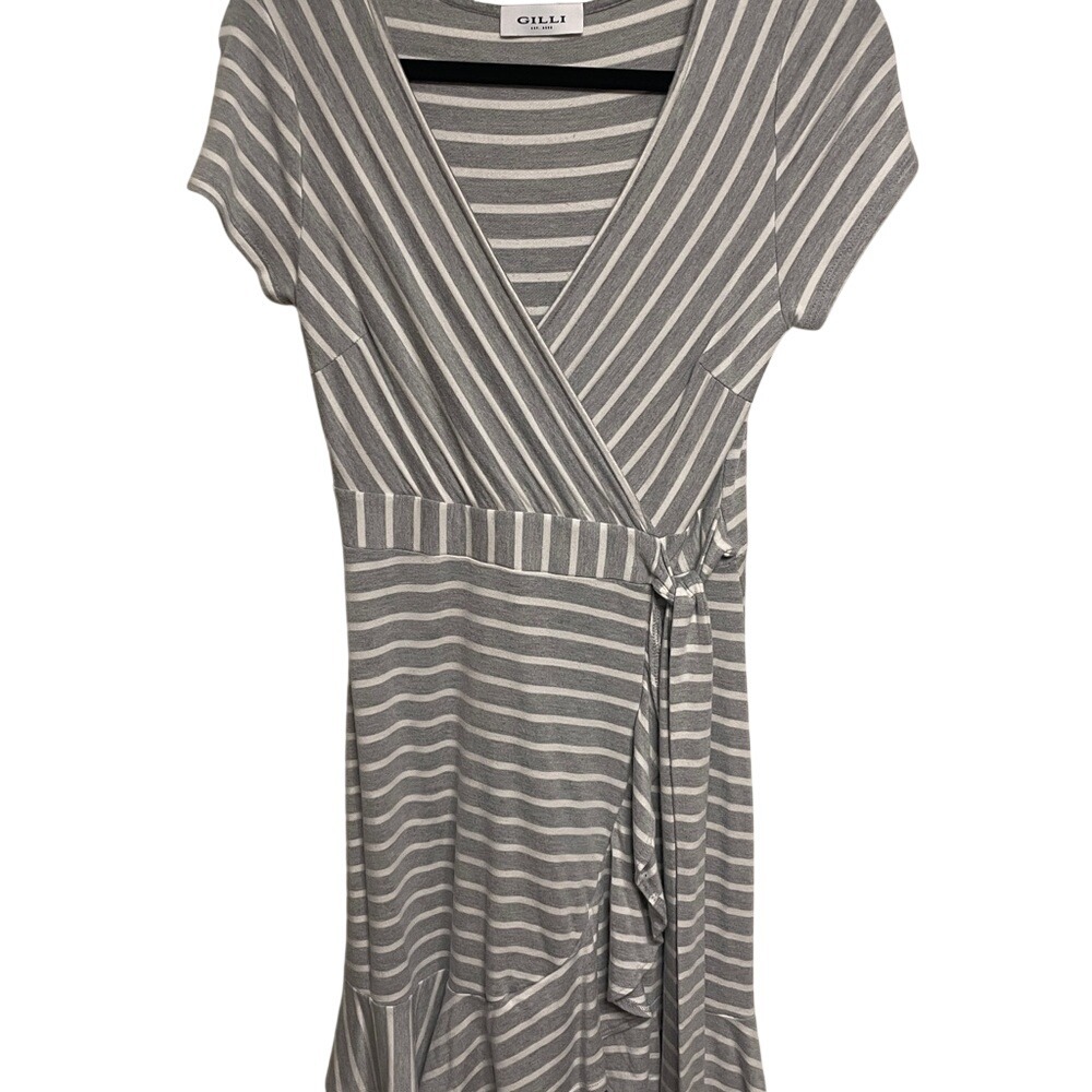 Gilli Grey White Striped Short Sleeve Wrap Ruffle Hem Dress Womens